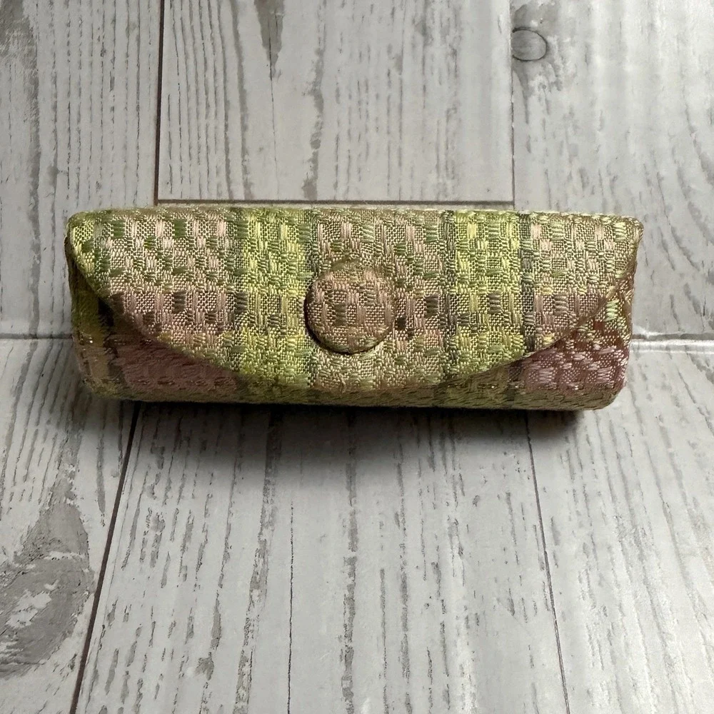 Jim Thompson Lipstick Case With Mirror Silk Covered Pink Tweed Plaid Pattern
